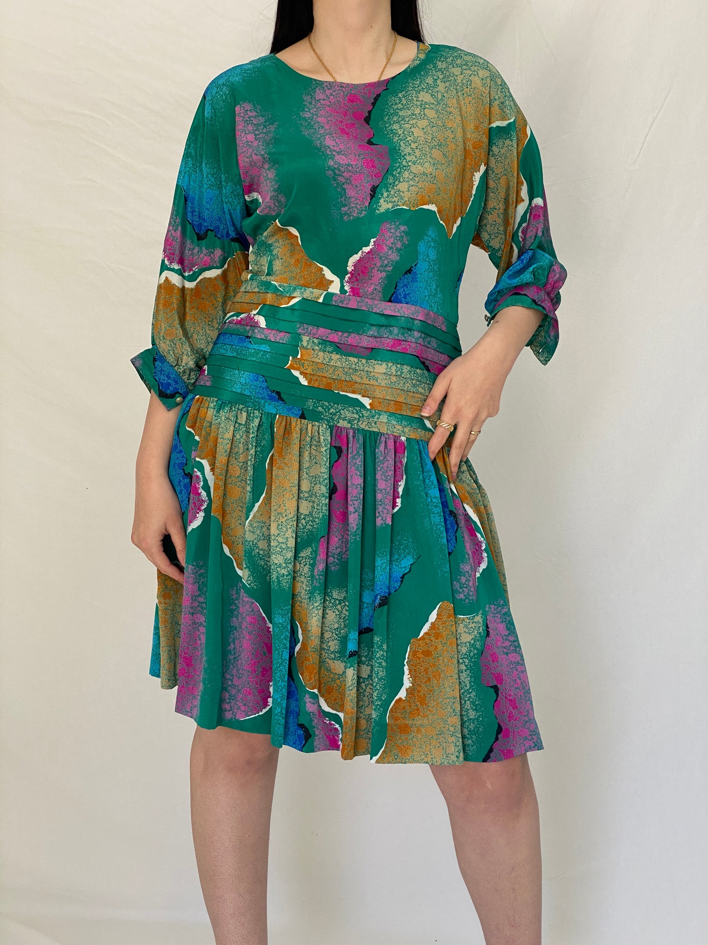 Vintage Silken Green Abstract Print Pleated Waist Midi Dress 80s 90s Statement Dress - M