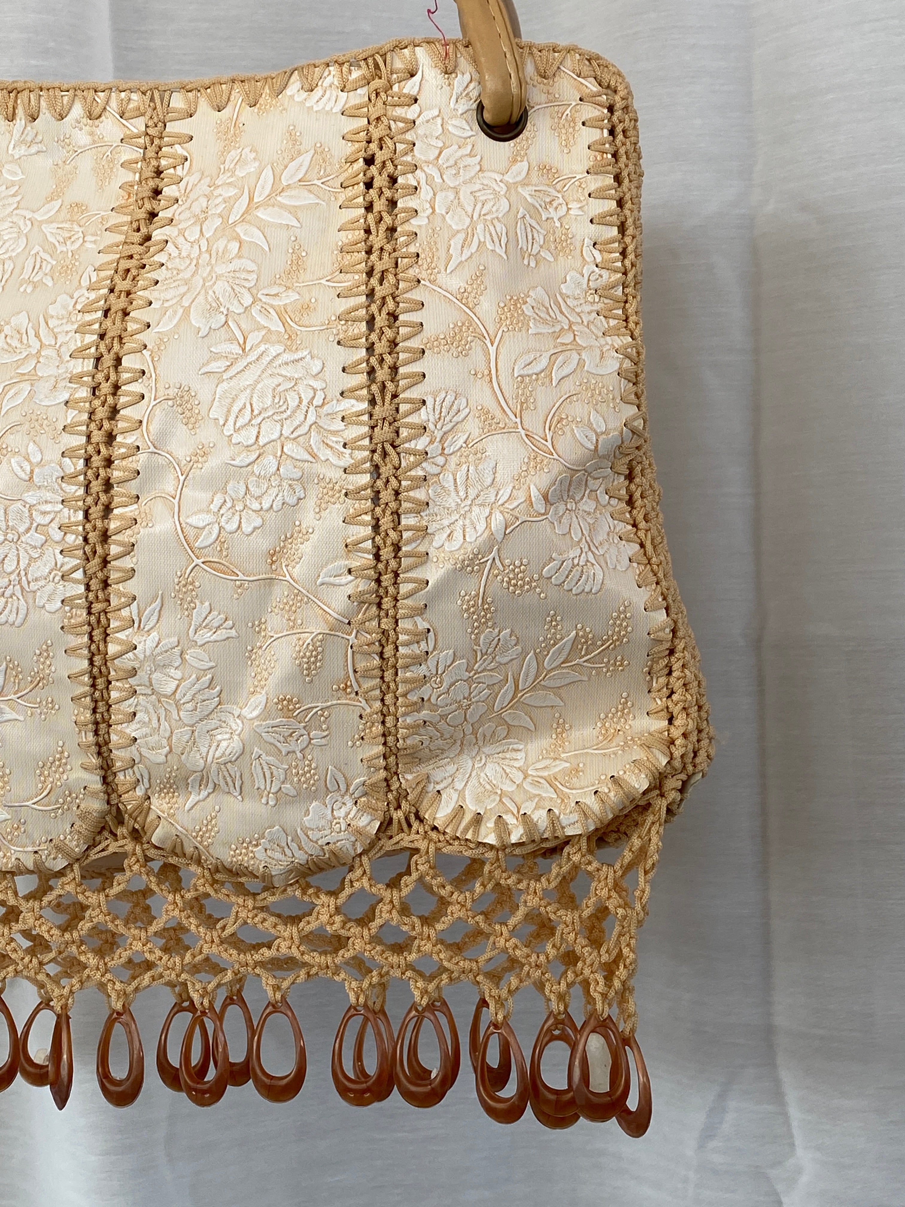 Y2K Beige Floral Embossed Canvas  Beaded Crochet Handbag