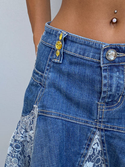 Y2K Rosa & Rose Blue Cotton Denim Lace Rhinestone Flared Skirt – S