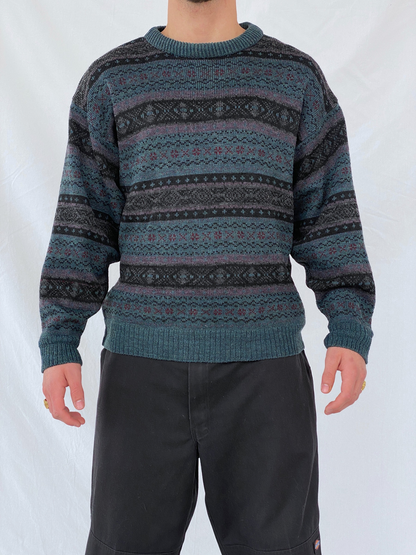 Vintage 90s MC Men’s Casuals Geometric Abstract Striped Green Crew Neck Knitted Sweater - M