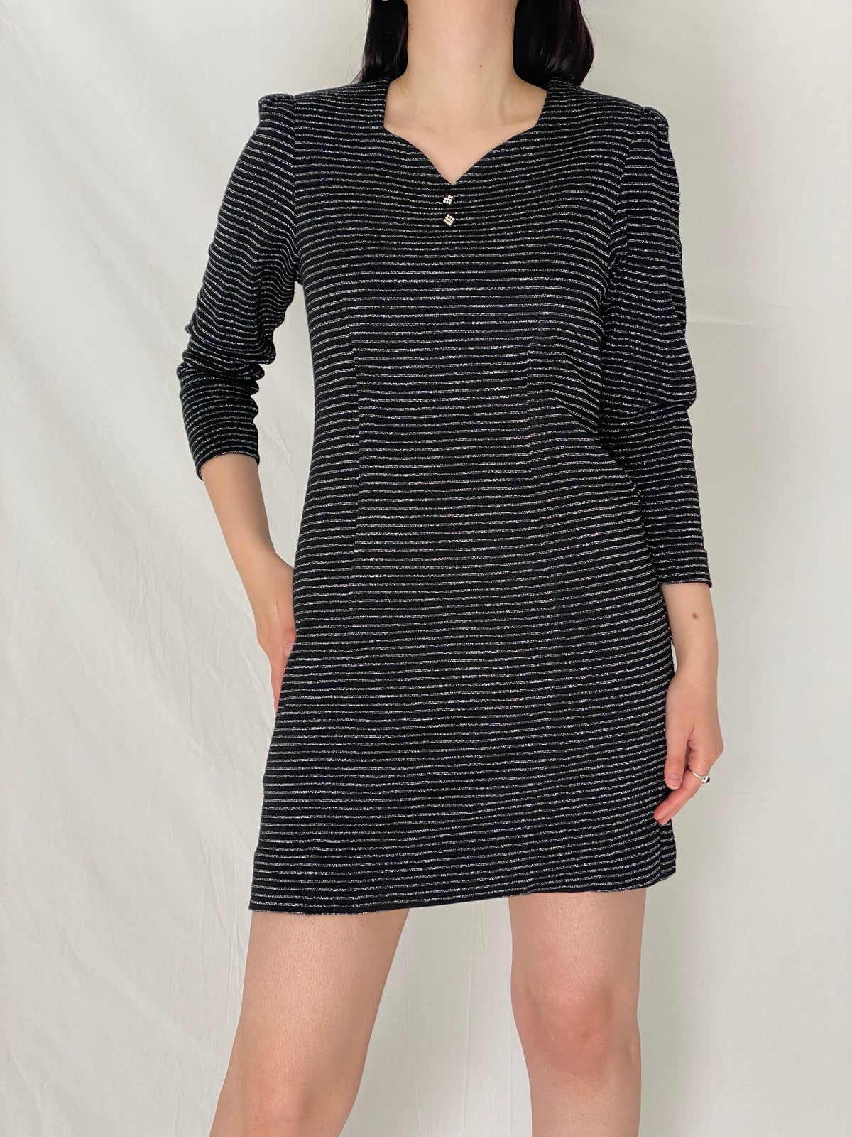 Vintage 90s Black Silver Striped Shimmer Mini Textured Evening Dress - M Vintage 90s Black Silver Striped Shimmer Mini Textured Evening Dress - M