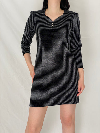 Vintage 90s Black Silver Striped Shimmer Mini Textured Evening Dress - M