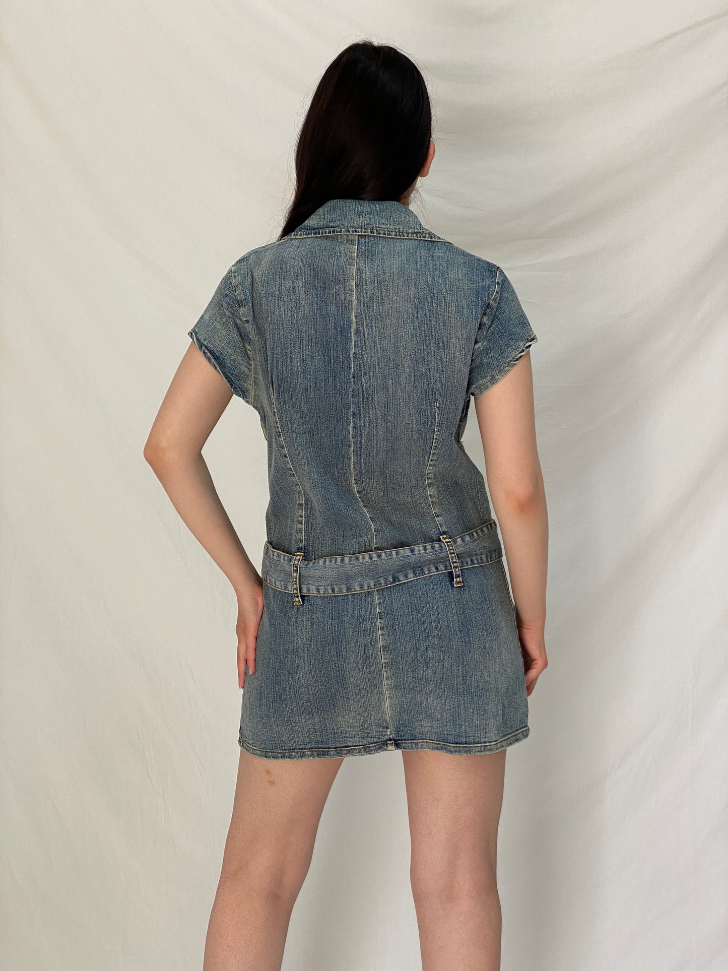 Vintage Y2K X-Mail Belted Zip Front Short Sleeve Denim Dress – M