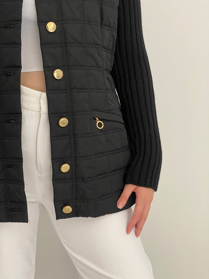 Vintage 90s Laurèl Black Quilted Jacket with Wool Knit Sleeves & Gold Buttons – M