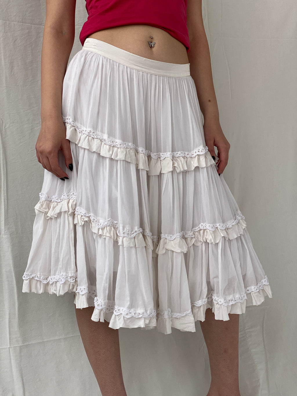 Gorgeous Vintage Monnalisa Chic White Tiered Bohemian Layered Midi Skirt - M
