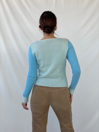 Vintage SUCHITA Rib Knit Pastel Blues Wool Long Sleeve Top - M