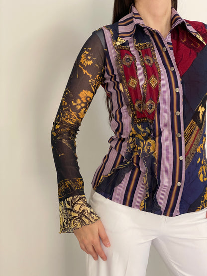 Y2K Save The Queen! Multicolor Whimsical Baroque Sheer Shirt – M