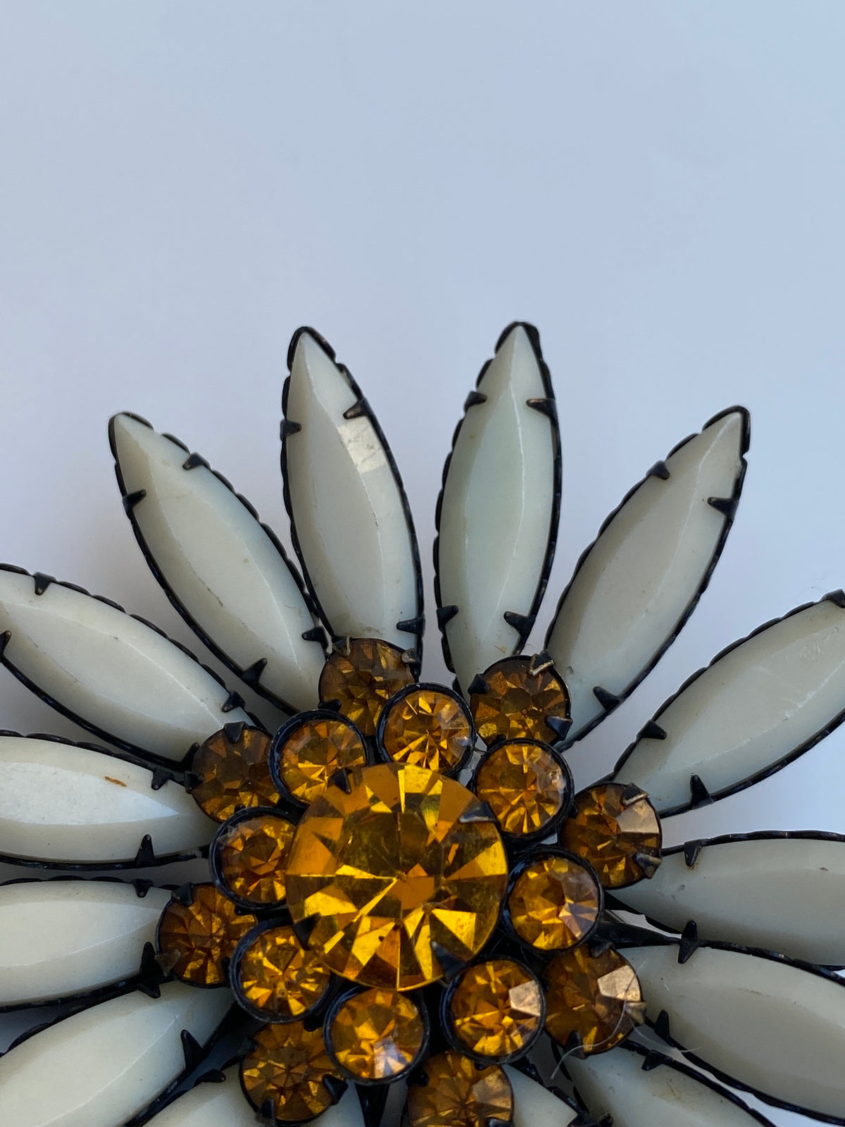 Vintage Mid-Century White Milk Glass & Amber Rhinestone Flower Brooch Floral Statement Pin Vintage Mid-Century White Milk Glass & Amber Rhinestone Flower Brooch Floral Statement Pin