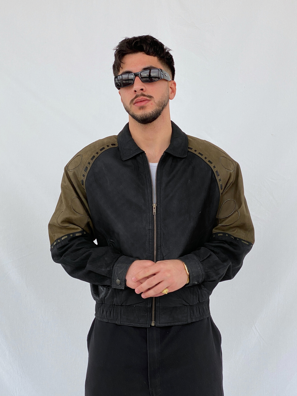Vintage 90s IOU MCMXC Euro Mode Men’s Black Green Shoulder Patch Leather Bomber Jacket - S