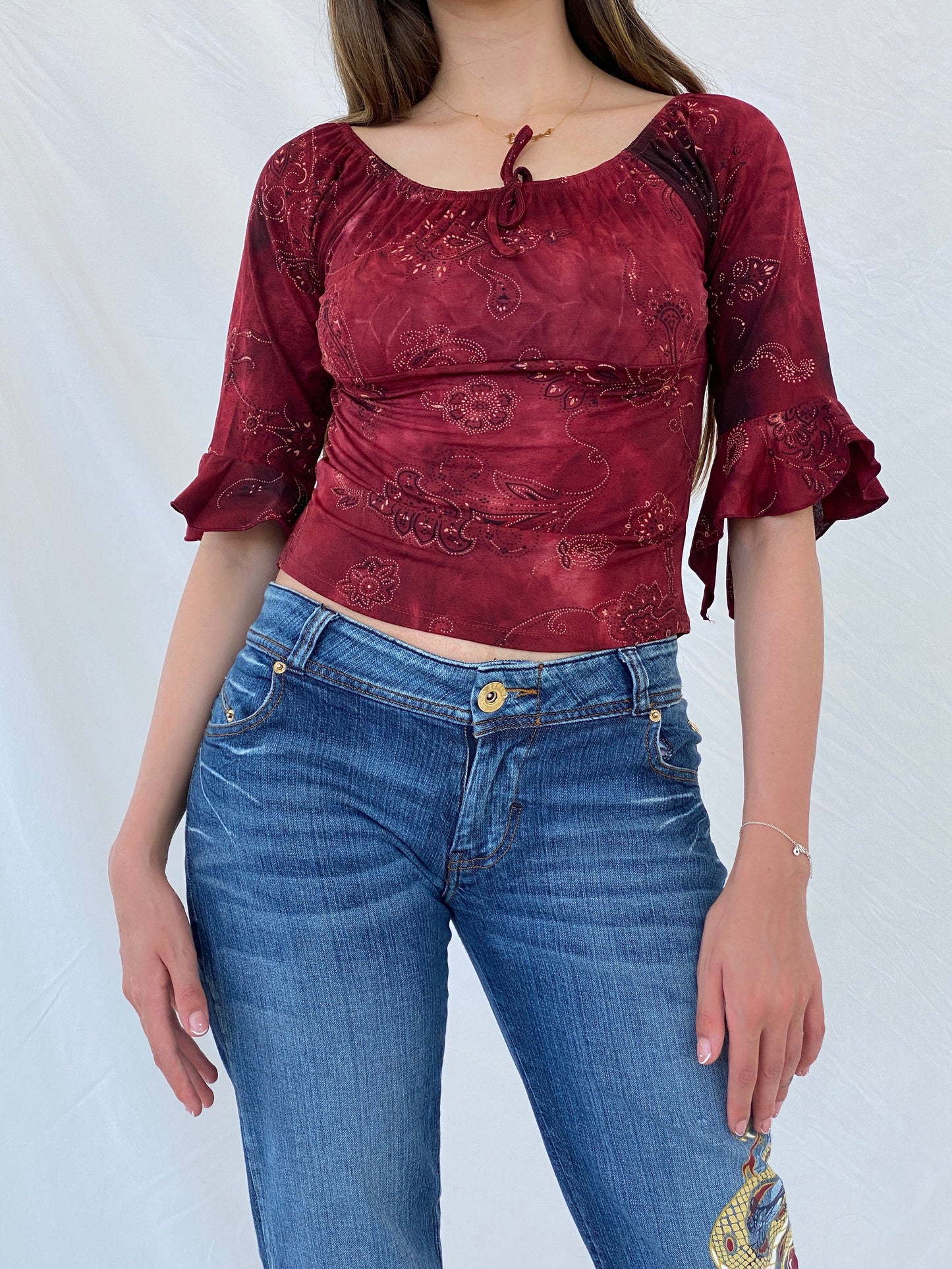 Vintage Floral Glittery Maroon Boho Top - S