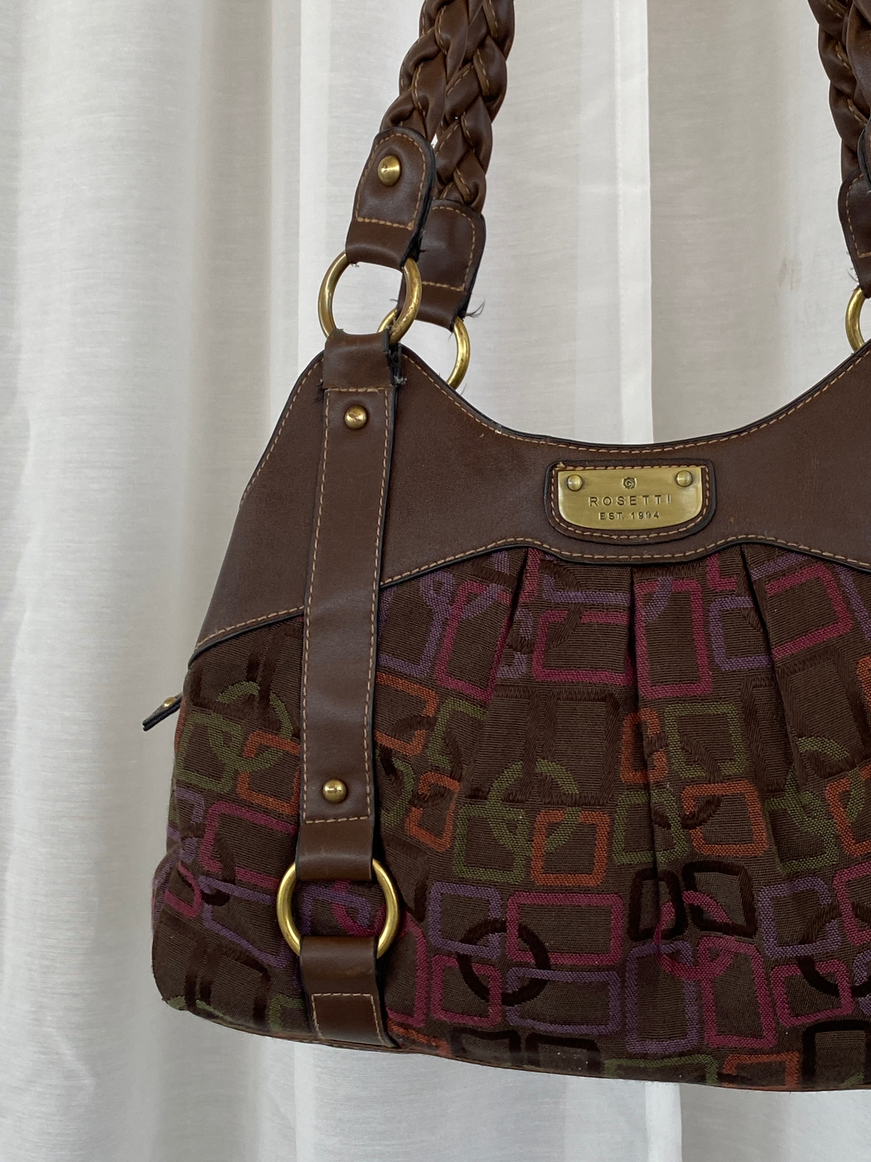 Y2K Rosetti Brown Multicolored Geometric Pattern Shoulder Bag With Braided Vinyl Handles