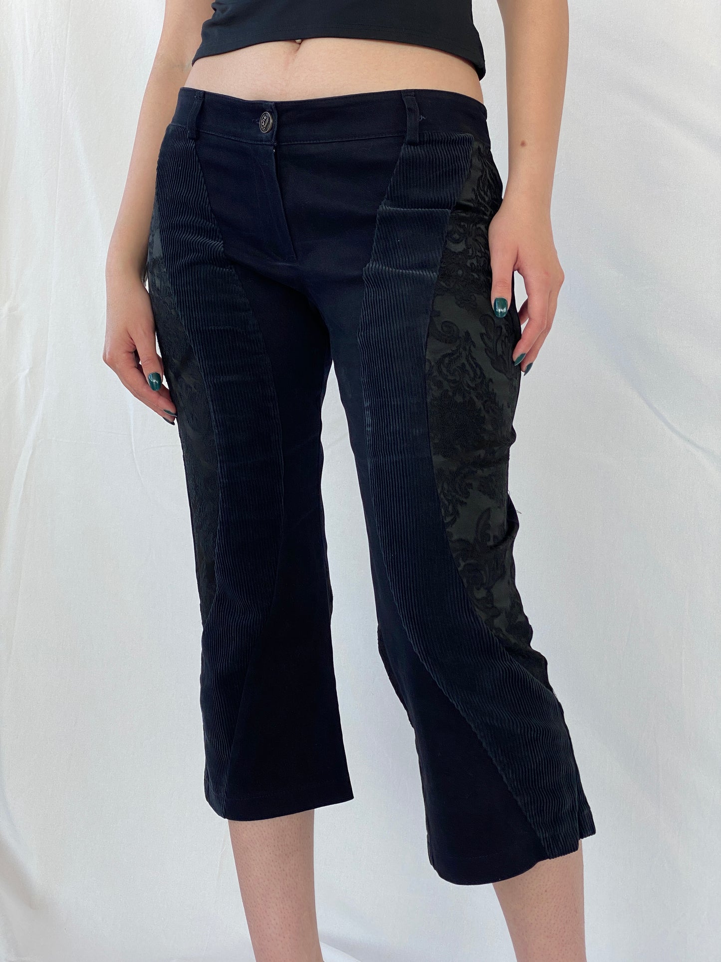 Y2K Sfarzo Milano Black Corduroy Patched Capri Pants - 44EUR