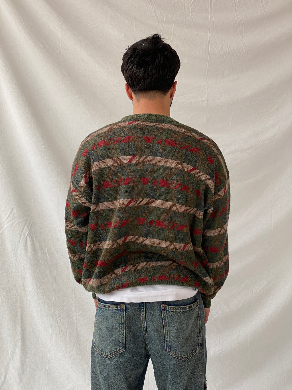 Vintage Charly Mach Men’s Green Jumper Striped Knitted Crew Neck Sweater - L