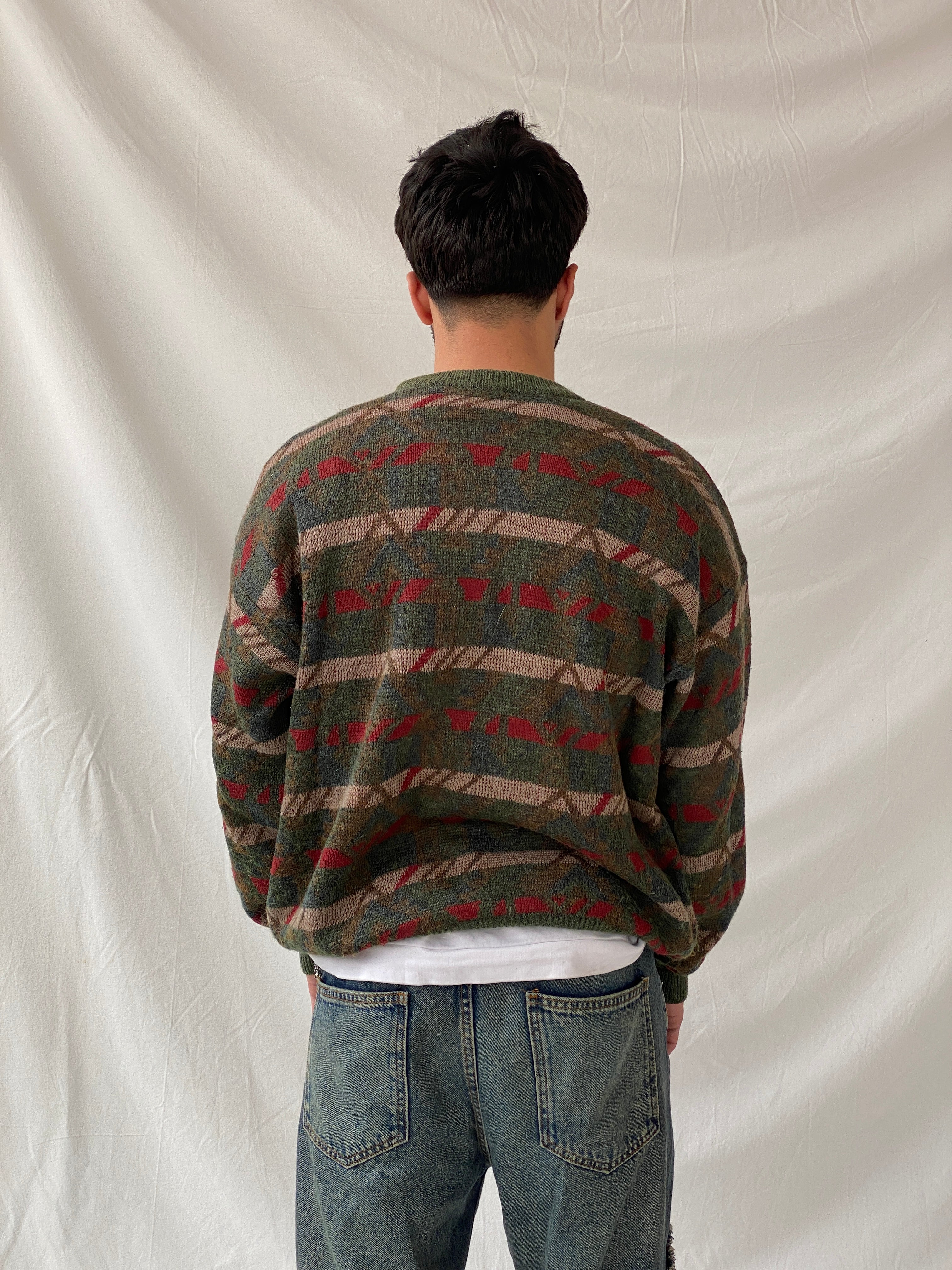 Vintage Charly Mach Men’s Green Jumper Striped Knitted Crew Neck Sweater - L