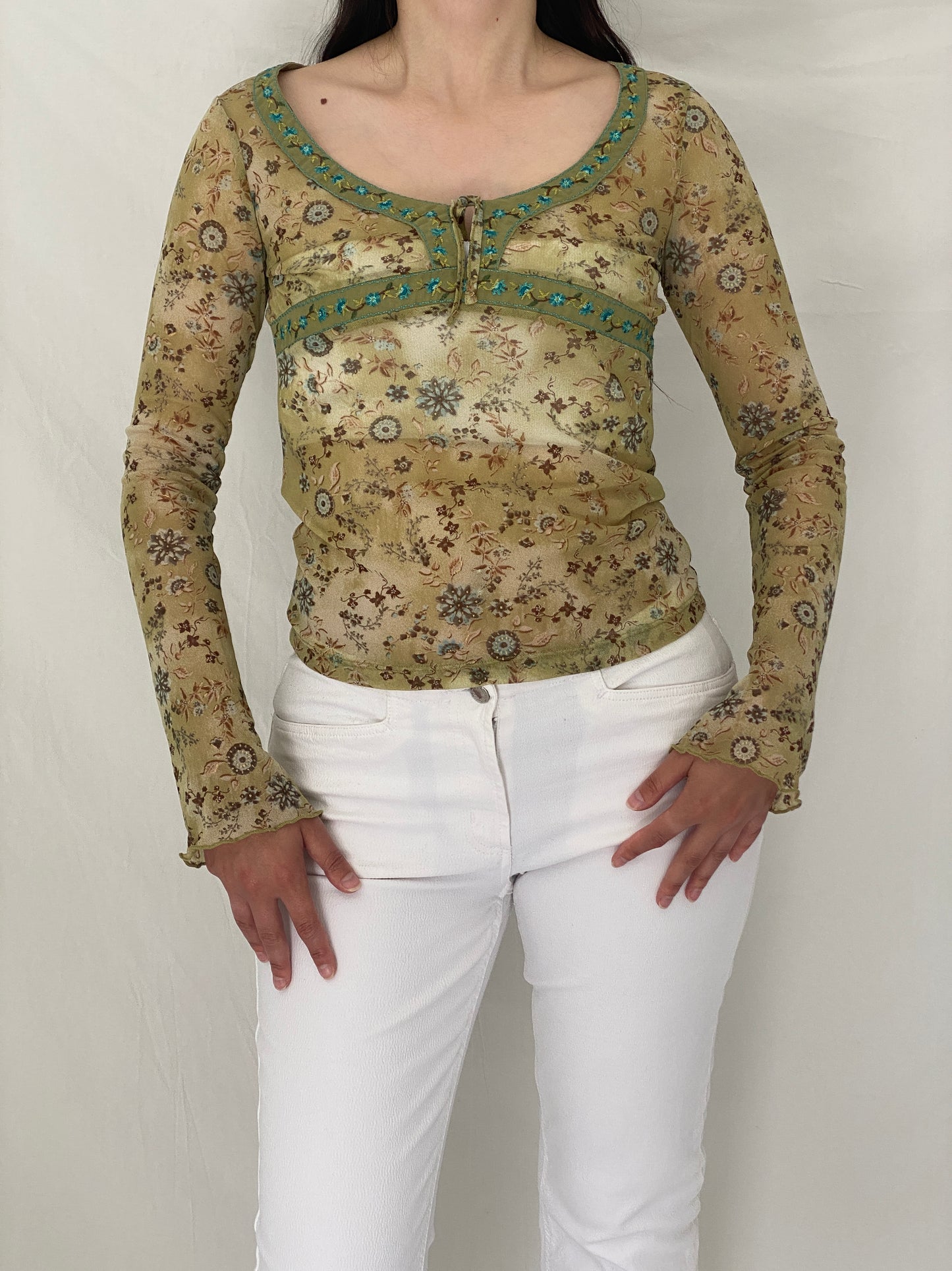 Y2K Bershka Mesh Sage Green Fairy Grunge Floral Long Sleeve Top – M