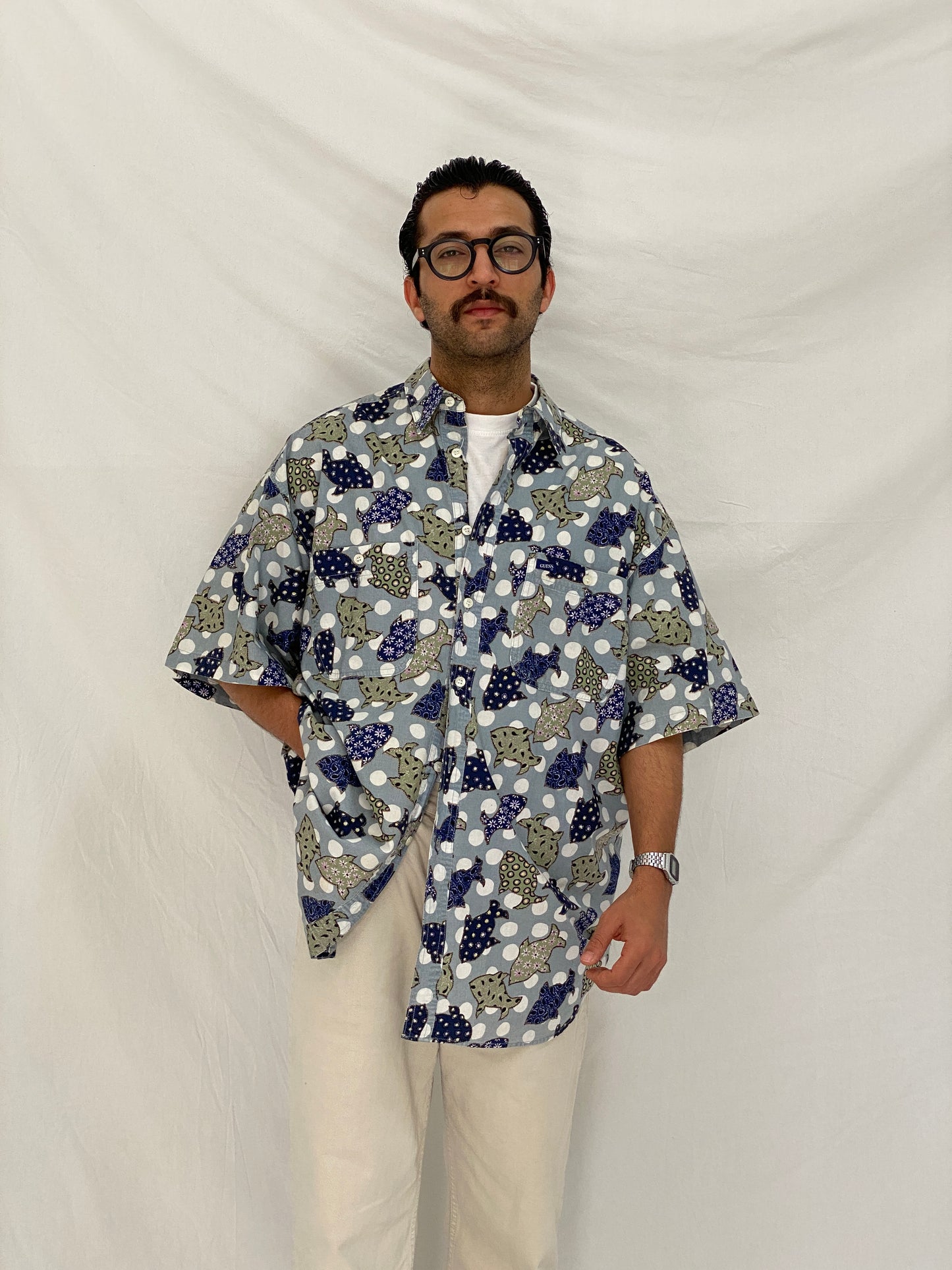 Vintage Guess Abstract Polka Dot Fish Print Blue Cotton Shirt – XL