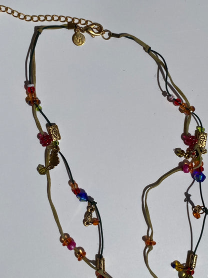 Vintage Y2K Vicky Jousan VJ Gold Boho Cord Beaded Charm Necklace