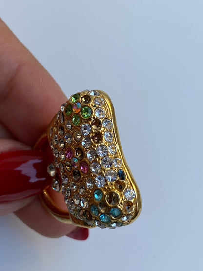 Vintage JS Gold-Tone Rhinestone Handbag Brooch Multicolor Crystal Purse Pin