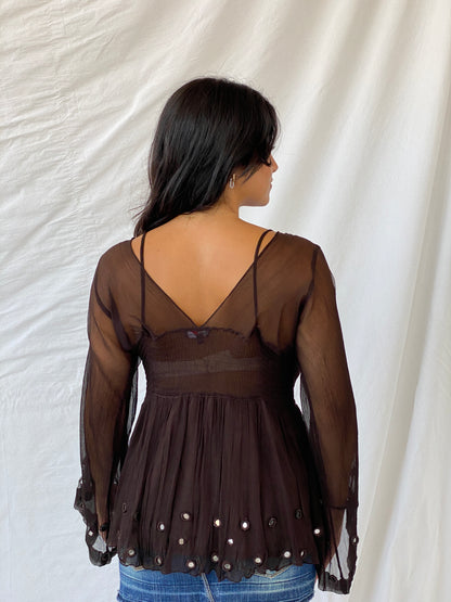 Vintage Madeline Brown Sheer Top - M