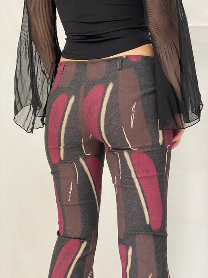 Vintage RECHE Abstract Art Flared Brown Burgundy Graphic Denim Pants - 38EU