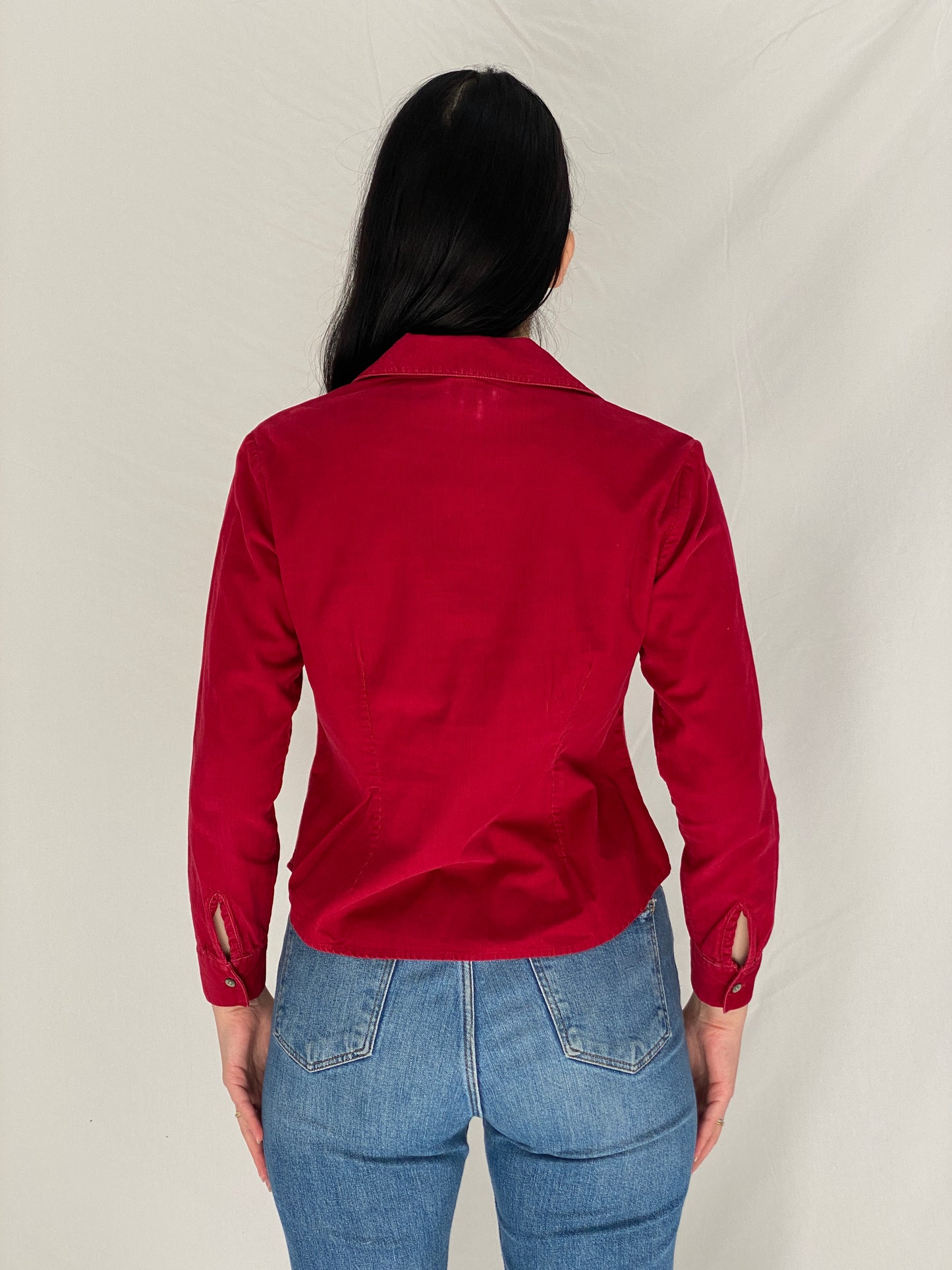 Vintage J.Jill Red Corduroy Corset Panel Shirt Fitted Button-Up Blouse - S