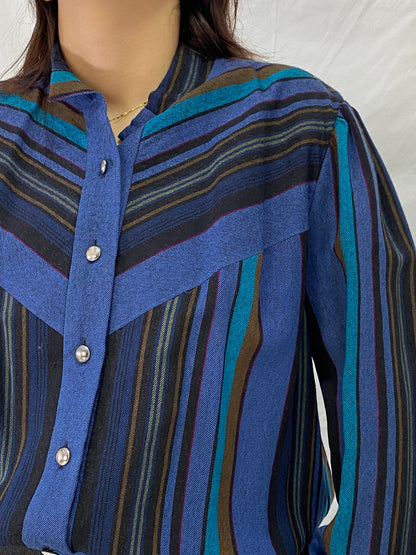 Vintage Pure Wool Sporting Dress Skirt & Jacket Set Blue Striped Two-Piece Set - L