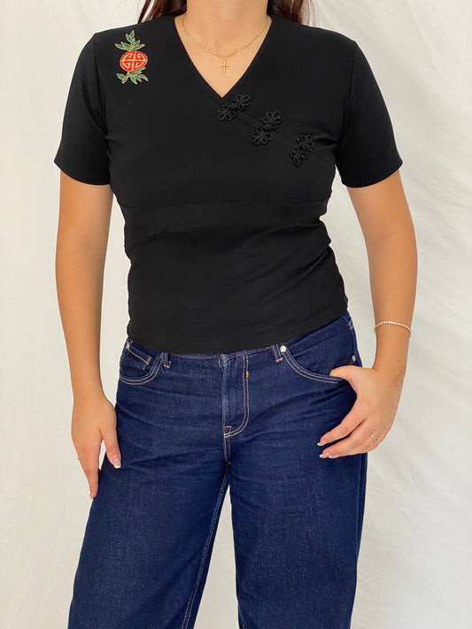 Vintage Y2K Western Connection Black Mandarin-Inspired Embroidered Stretch Top - L
