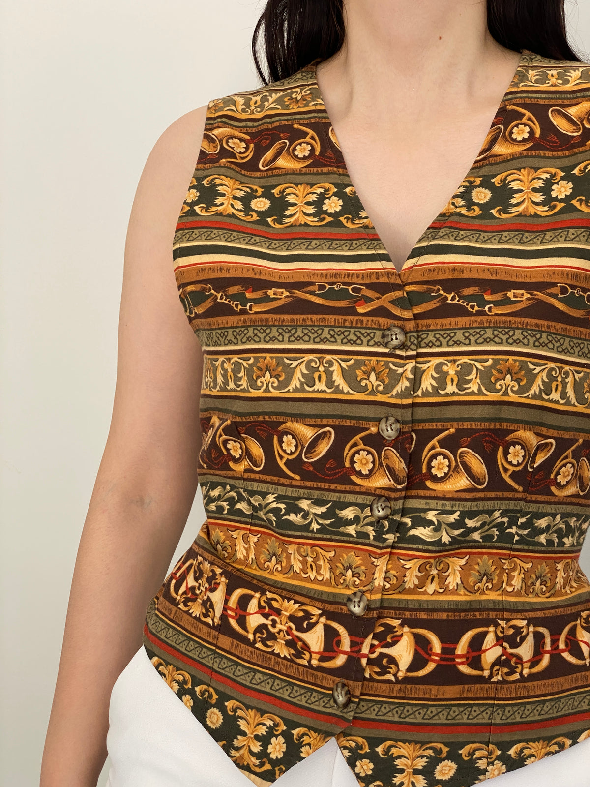 Vintage 90s White Stag Brown Baroque Equestrian Print Tailored Vest - M