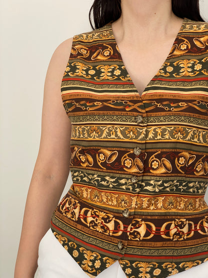 Vintage 90s White Stag Brown Baroque Equestrian Print Tailored Vest - M
