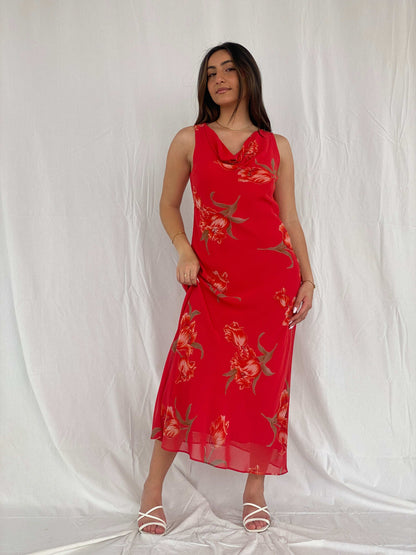 Vintage Jessica Howard Red Floral Maxi Dress Size M - Balagan Vintage Maxi Dress 90s, 90s dress, floral dress, maxi dress, NEW IN, Rama, Wedding Guest