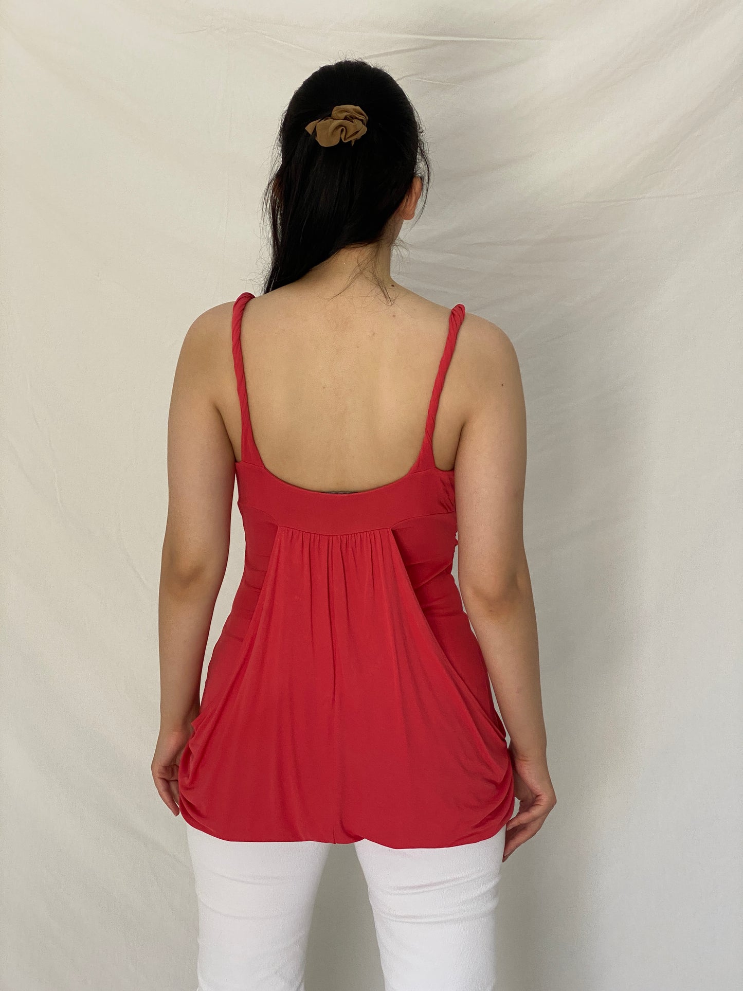 Vintage Y2K Bebe Coral Red Gold Chain Draped Empire Waist Cami Top - M