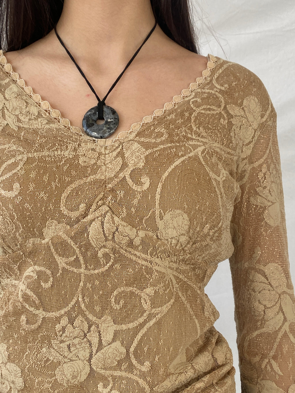 Vintage Gold Lace Women’s Long Sleeve Sheer Back Mesh Top - M