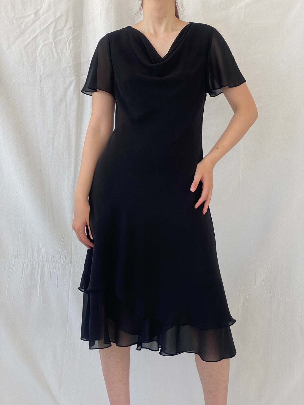 Vintage 90s Romantic Black Midi Short Sleeve Cowl Neck Dress - L