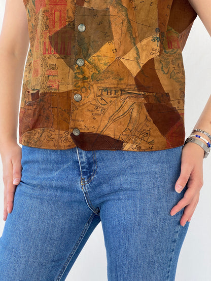 Vintage Rebel Craft Patchwork Suede Middle East Map Vest - L