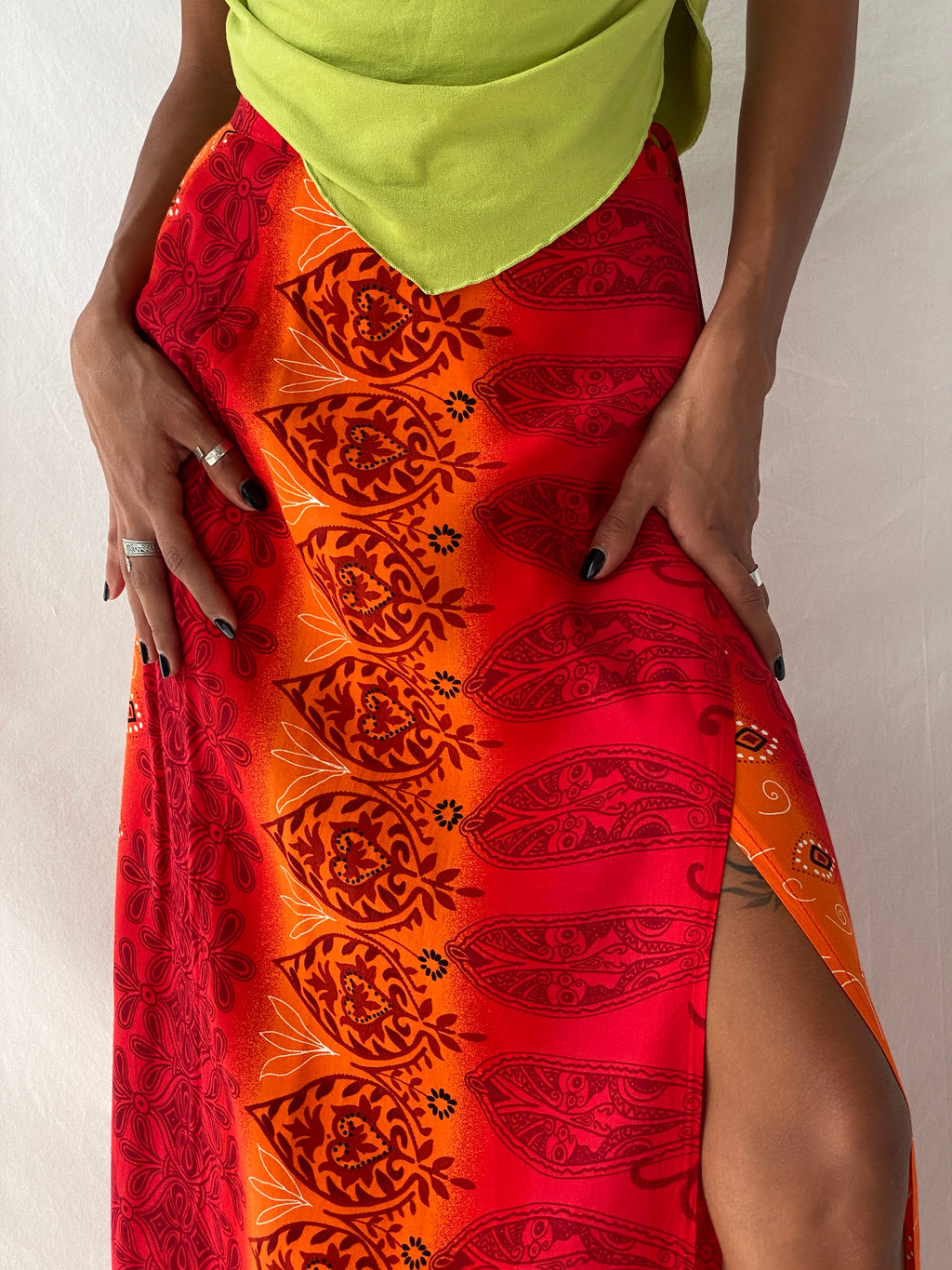 Y2K Wrap Maxi Red & Orange Floral Print Skirt - S