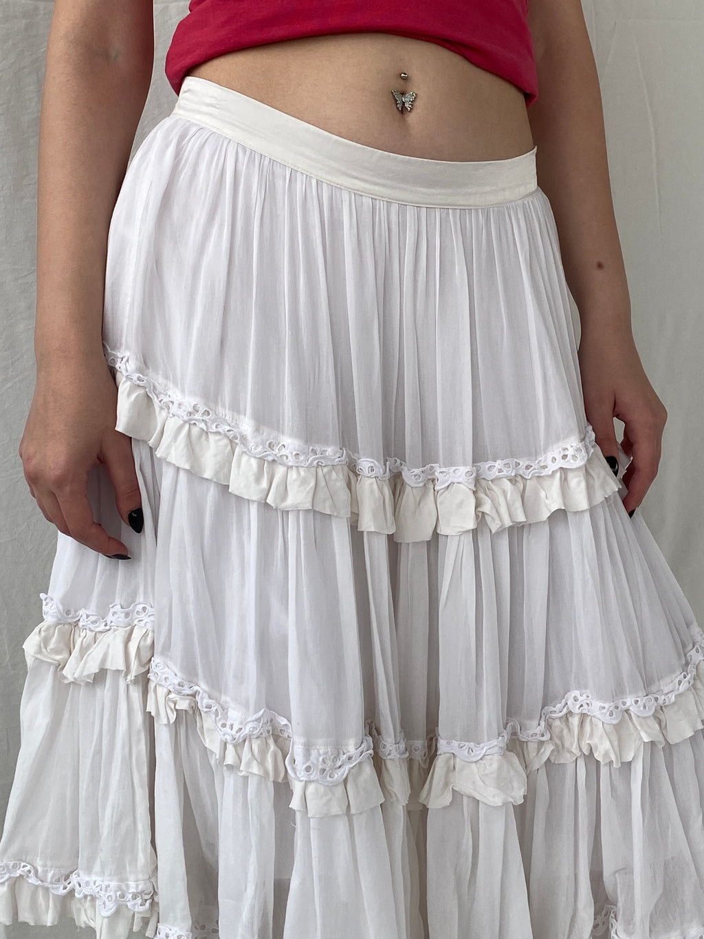 Gorgeous Vintage Monnalisa Chic White Tiered Bohemian Layered Midi Skirt - M