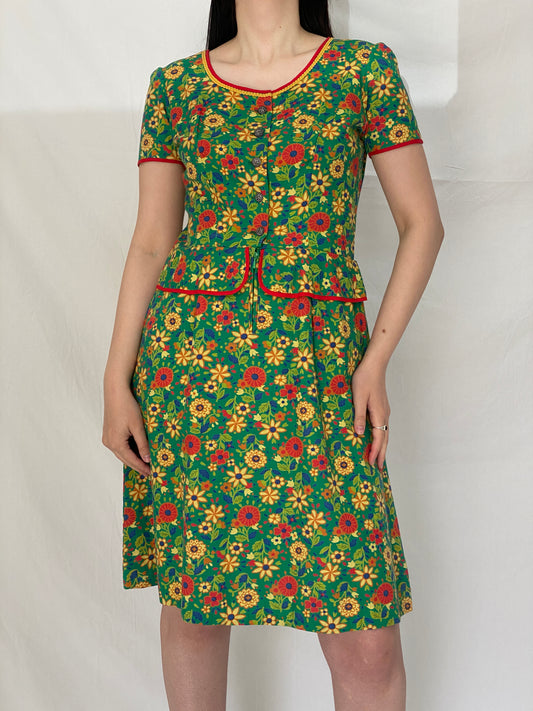 Vintage 60s/70s Handmade Green Floral Button-Front Short Sleeve Midi Dress - M