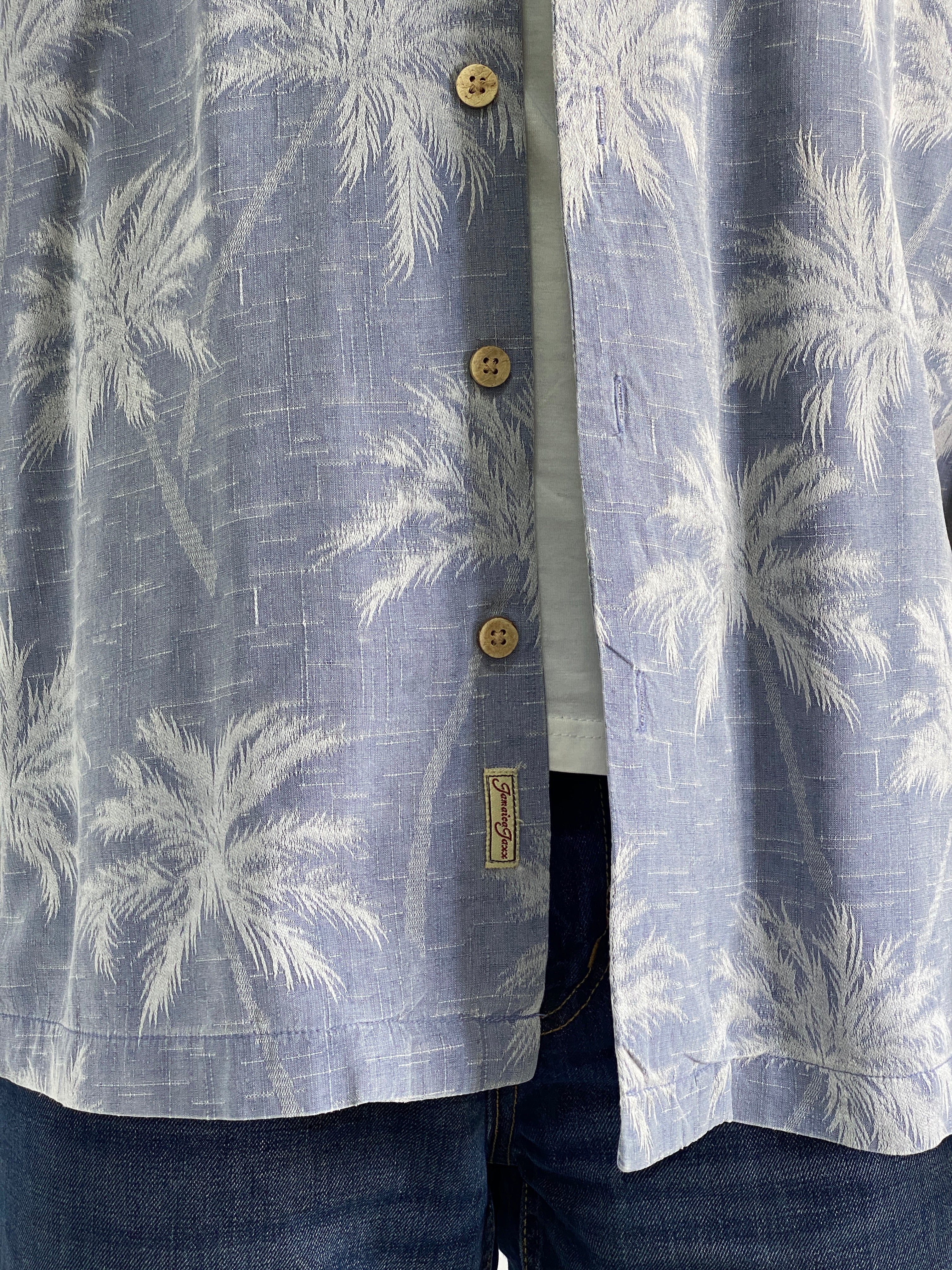 Vintage Jamaica Jaxx 100% Silk Palm Tree Print Shirt Blue Tropical Resort Shirt - XL