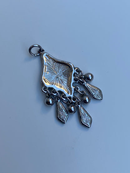 Vintage Silver Tone Green Art Glass Dangle Pendant - Boho Tribal Charm Necklace Pendant