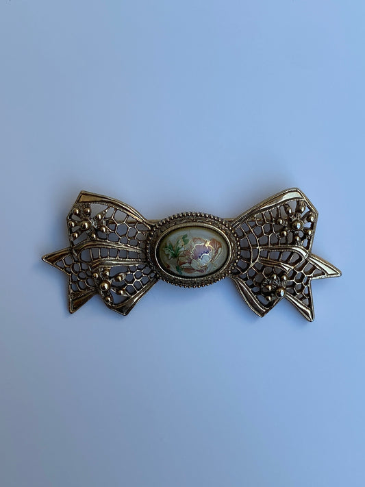 Vintage Victorian Revival Gold Tone Filigree Bow Brooch with Floral Cabochon