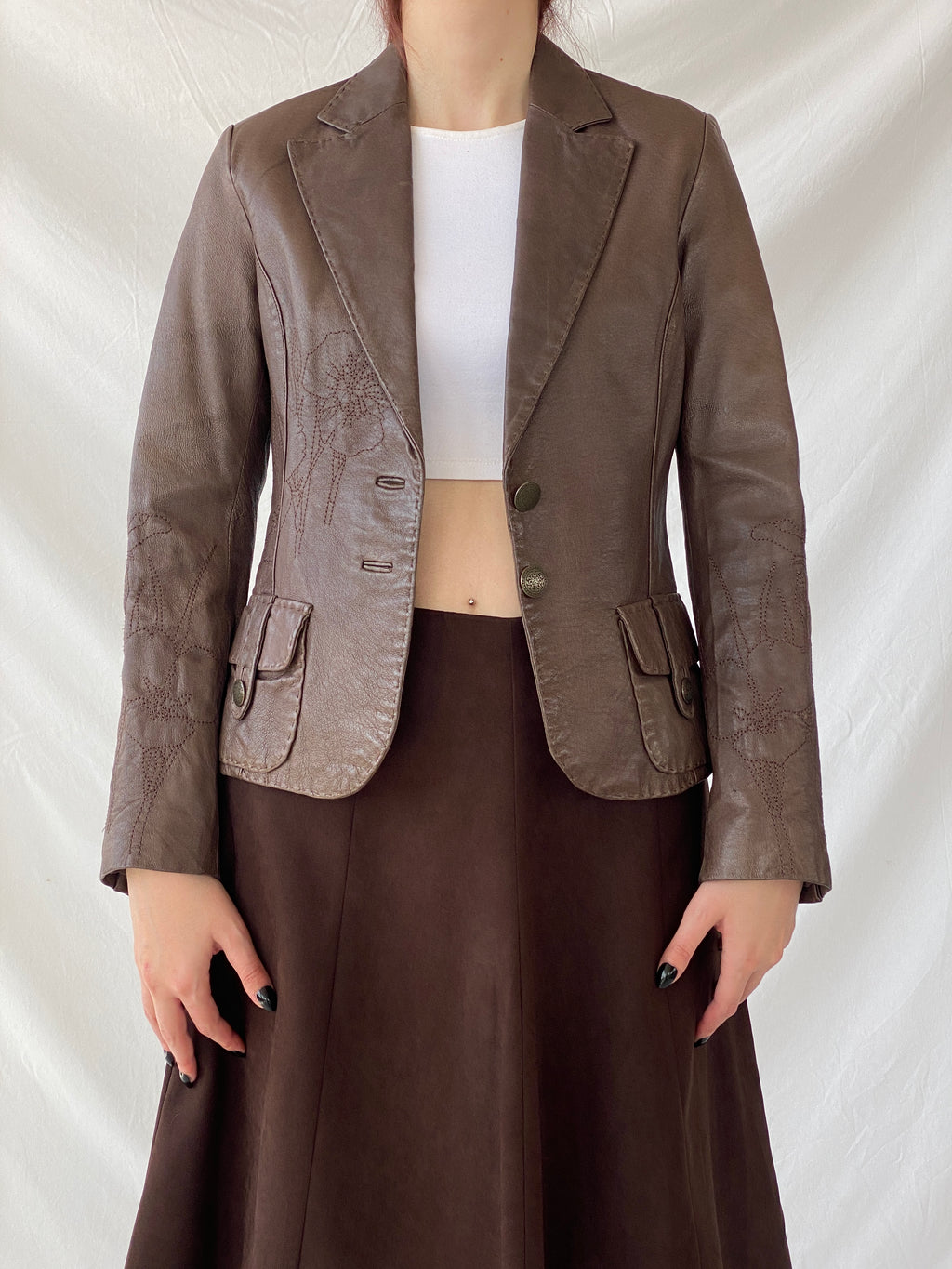 Vintage FRANSA Brown Genuine Leather Floral Embroidered Women’s Blazer Jacket - M