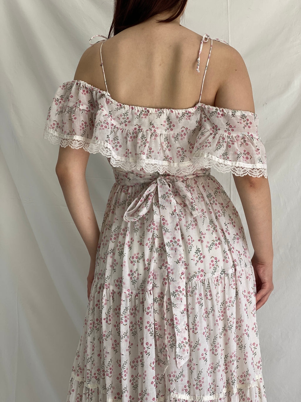 Vintage Gunne Sax by Jessica San Francisco Floral Cottagecore Maxi Dress Off Shoulder Ruffle Lace Prairie Gown - M