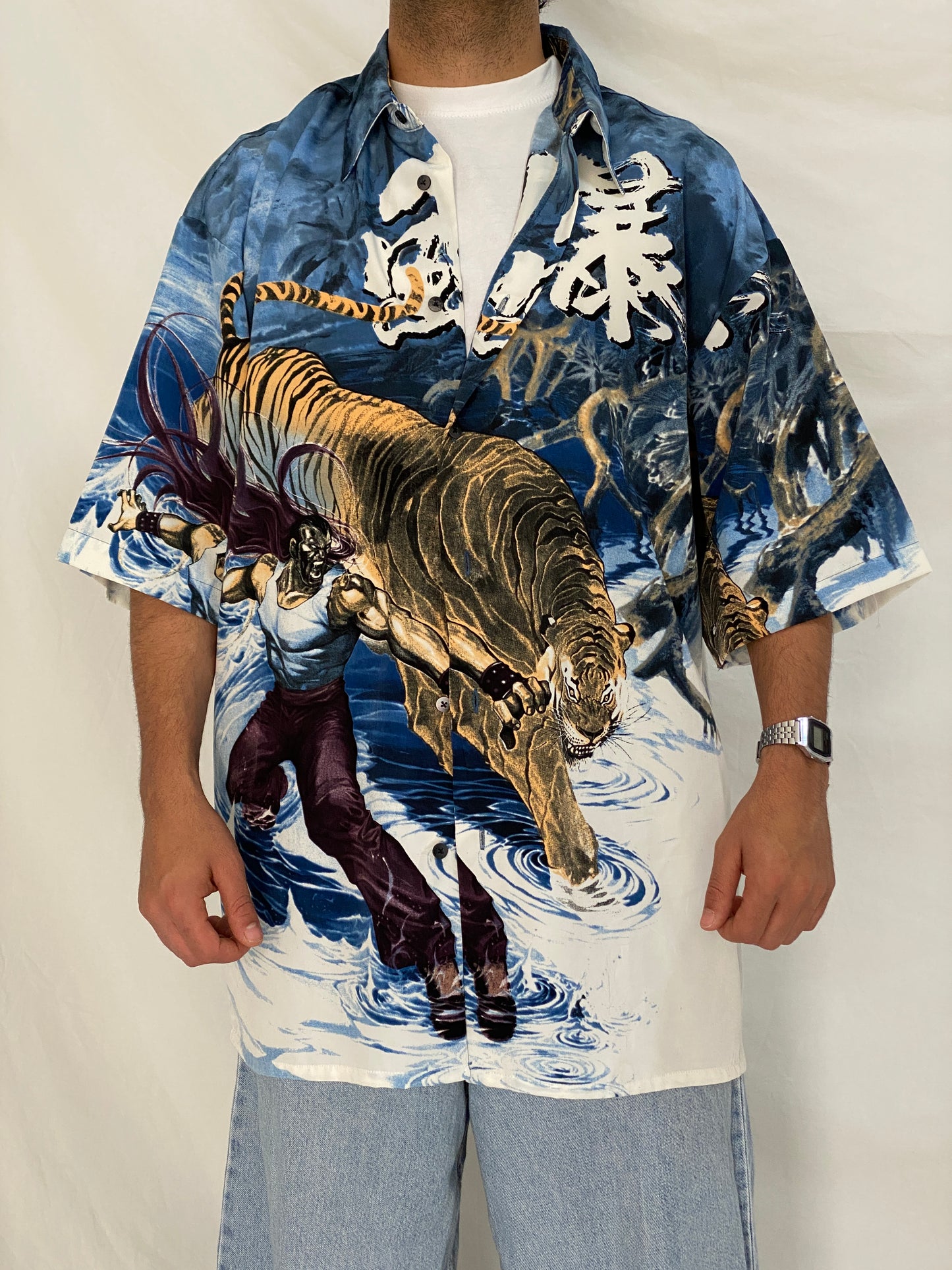 Vintage Billionbay Japanese Tiger Graphic Shirt Blue Y2K Anime Streetwear Button Up Camp Shirt - XL
