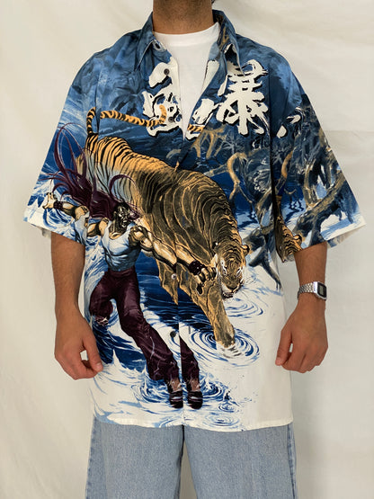 Vintage Billionbay Japanese Tiger Graphic Shirt Blue Y2K Anime Streetwear Button Up Camp Shirt - XL