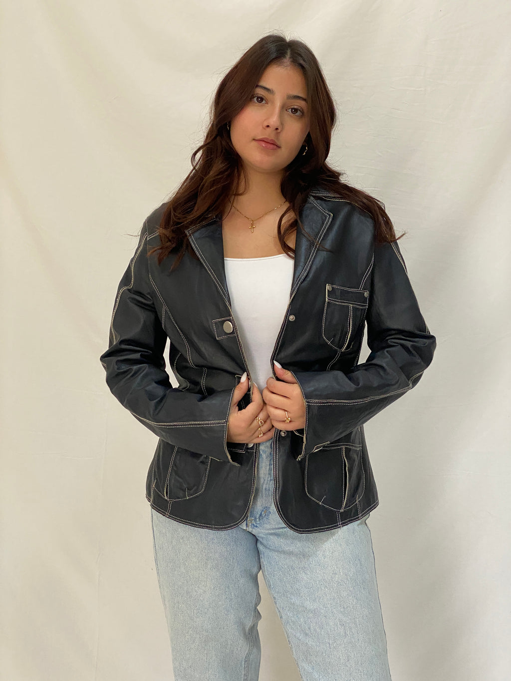 Vintage Betty Barclay Genuine Leather Jacket Dark Navy Contrast Stitch Blazer Style - L