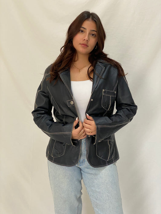 Vintage Betty Barclay Genuine Leather Jacket Dark Navy Contrast Stitch Blazer Style - L