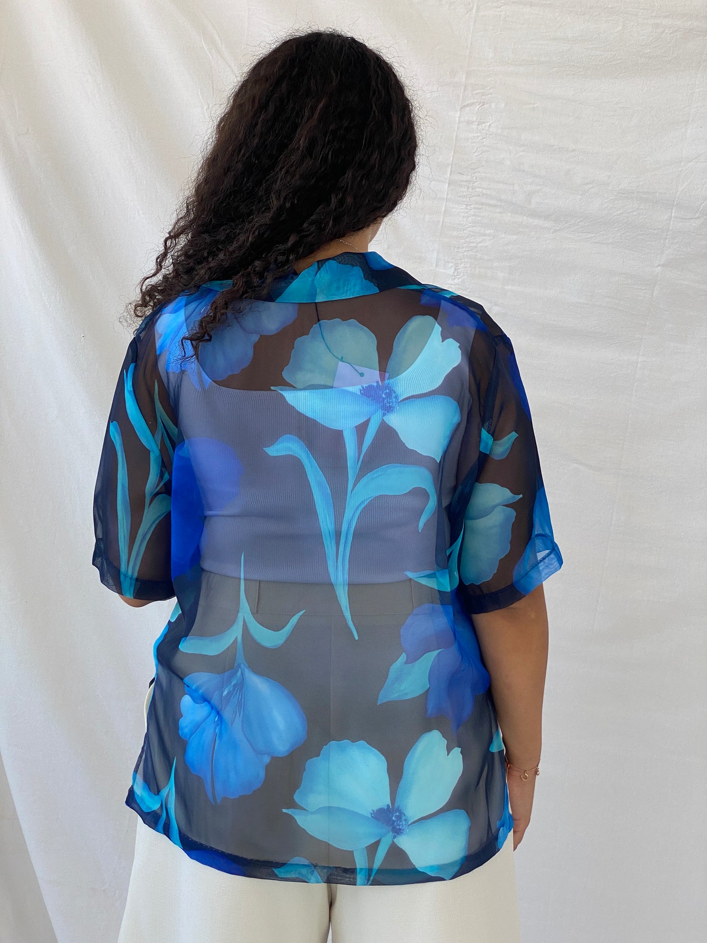 Vintage Blue Floral Sheer Chiffon Half-Sleeve Shirt - XL