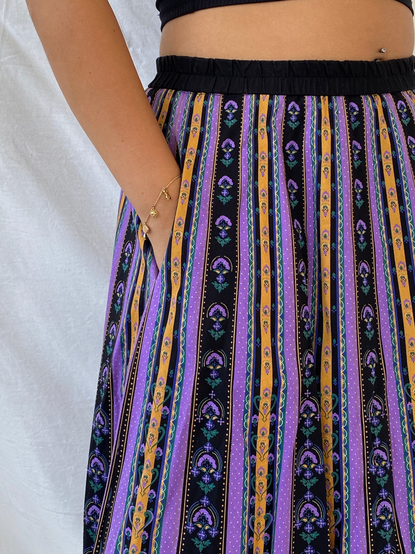 Vintage Angelika Moden Striped German-Folk Black and Purple Midi Cotton Skirt - L