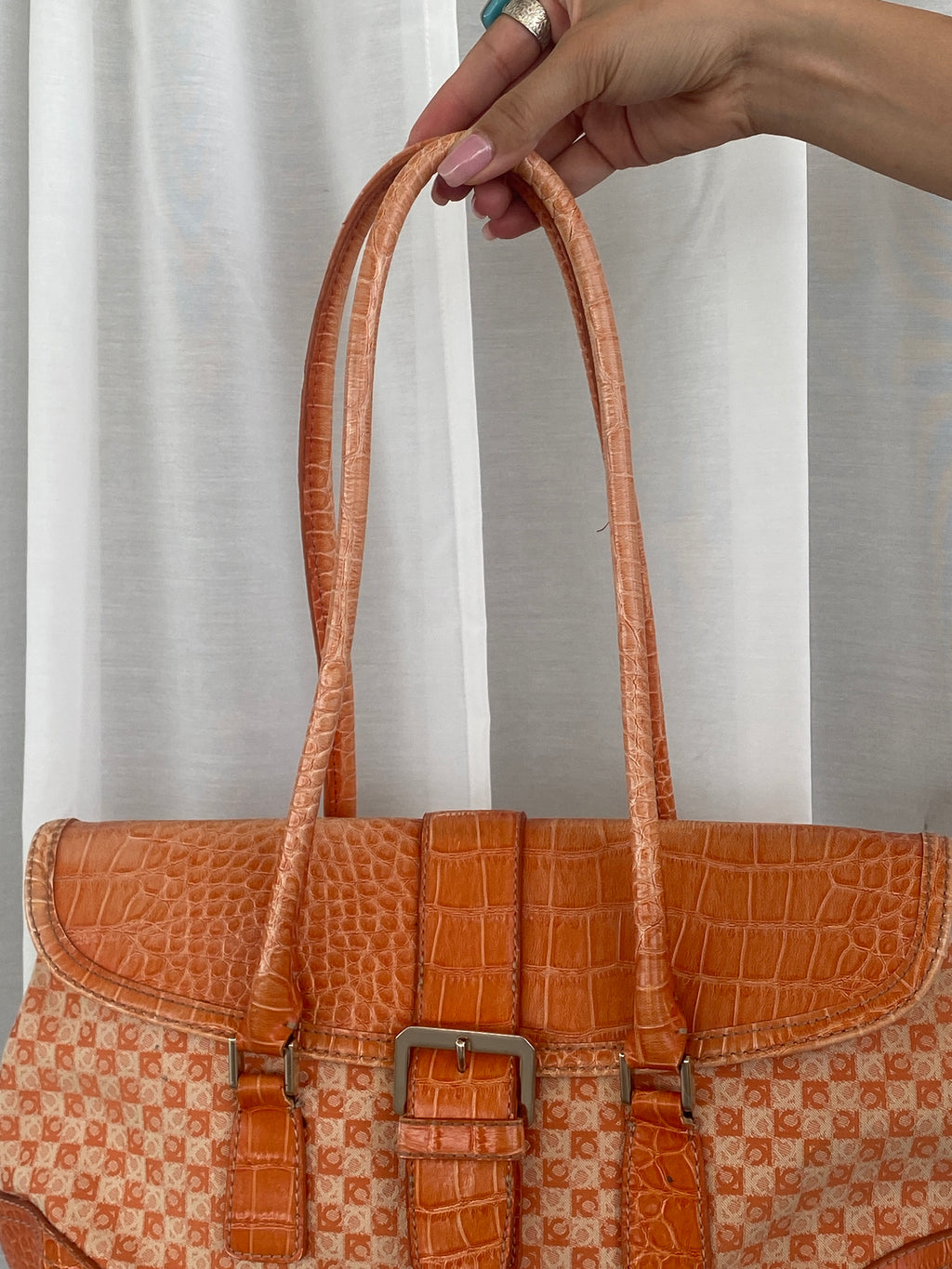 Liz Claiborne NYC Signature Fabric Orange Monogram with Faux Croc Leather Print Shoulder Bag