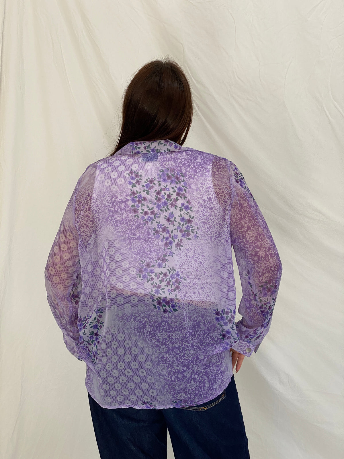 Vintage 90s Lighthouse Point Purple Sheer Floral Button-Up Blouse - L Vintage 90s Lighthouse Point Purple Sheer Floral Button-Up Blouse - L